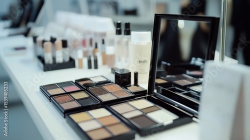 Assortment of professional makeup products displayed on a white table