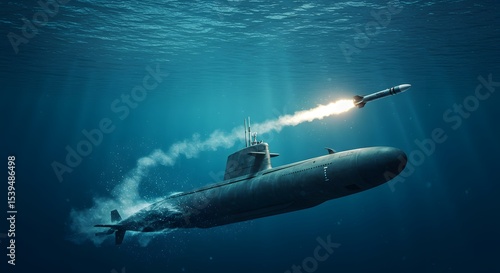 Submarine launches missile underwater, creating a plume of smoke as it ascends through the water.