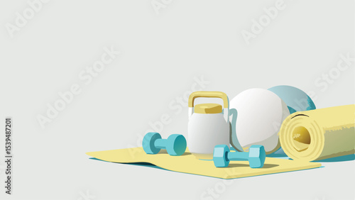 Still life of gym equipment including dumbbells kettlebell exercise ball and yoga mat on white background