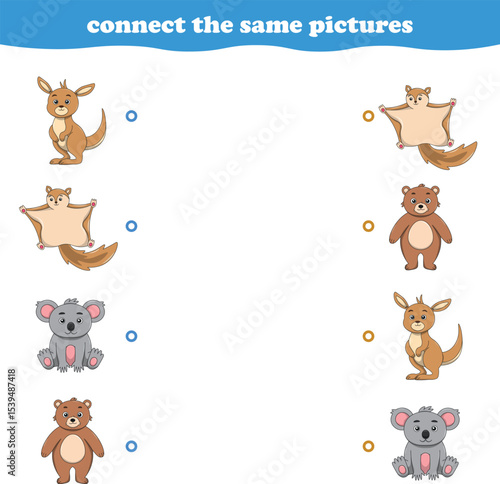 Education game for children connect the same picture of cute cartoon wild animal printable. Vector Illustration
