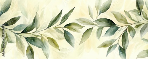 Delicate watercolor painting of green leafy branches on a soft beige and cream background evoking calm and natural elegance