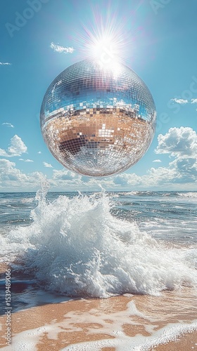 Large disco ball hovering above ocean waves crashing onto sandy beach under bright sunny sky with scattered clouds