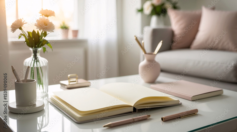 Fototapeta premium sunny modern office photo with white table flatlay journal tools and daylight light source window placement in frame interior design wallpaper background