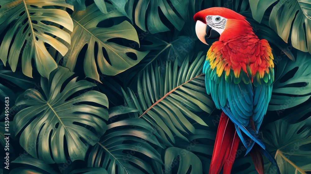 Fototapeta premium Vibrant scarlet macaw parrot perched amidst lush, tropical foliage.