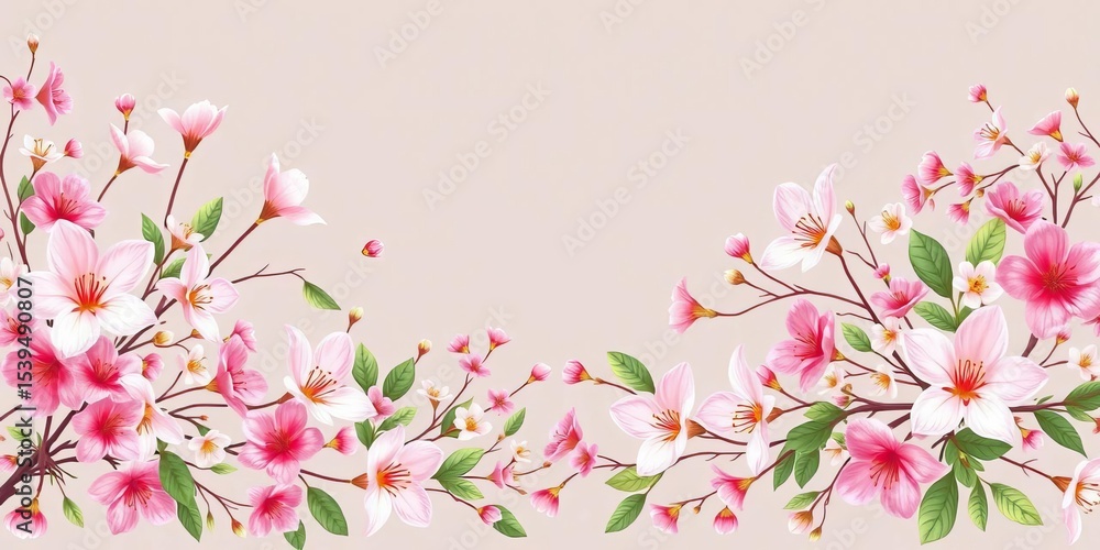 Fototapeta premium Elegant horizontal floral banner, seamless delicate blossoms and foliage intertwined, repeat, seamless