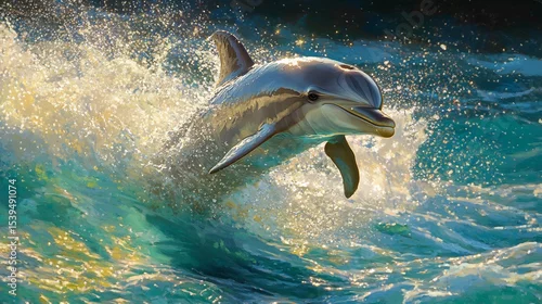 Obraz Bottlenose dolphin leaping out of turquoise waters sunlight reflecting off its smooth skin crystal clear droplets frozen in time ultra HD realism