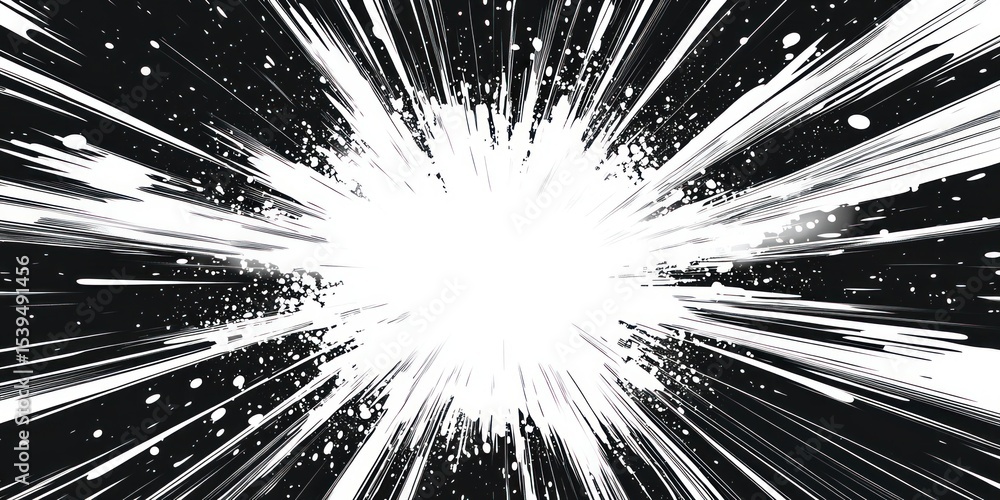 Obraz premium Black and white abstract radial explosion with dynamic streaks and splatters creating a high-energy burst effect