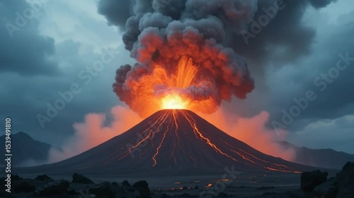 Massive Volcanic Eruption: Explosive Ash Plume and Fiery Lava Flows