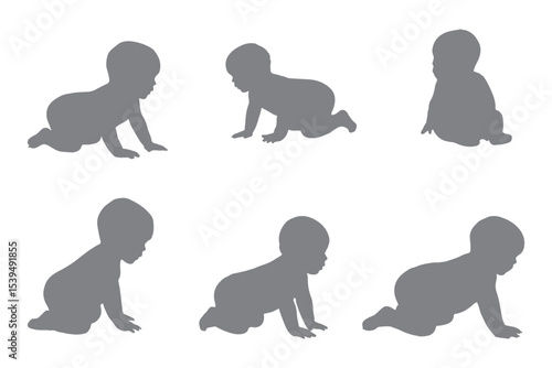 Set Of Child and Babies Silhouettes Illustration Isolated On White Background. Newborn baby child 0-1 year. Vector illustration. EPS 10