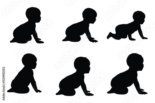Set Of Child and Babies Silhouettes Illustration Isolated On White Background. Newborn baby child 0-1 year. Vector illustration. EPS 10