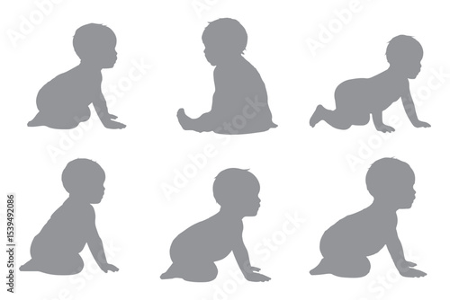 Set Of Child and Babies Silhouettes Illustration Isolated On White Background. Newborn baby child 0-1 year. Vector illustration. EPS 10