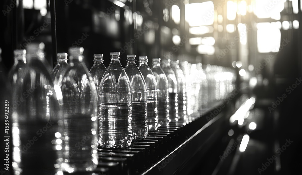 Plastic water bottles on a factory conveyor belt (1) Plastic water bottles on a factory conveyor belt (1)