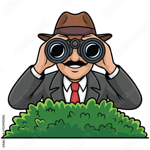 funny detective character with binoculars isolated vector illustration on white background