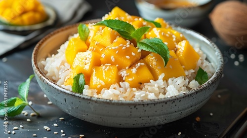 Bowl of fresh mango sticky rice drizzled with coconut milk and garnished with toasted sesame seeds