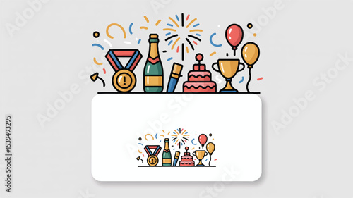 Cartoon celebration with well done text featuring medal champagne cake and balloons on a light background