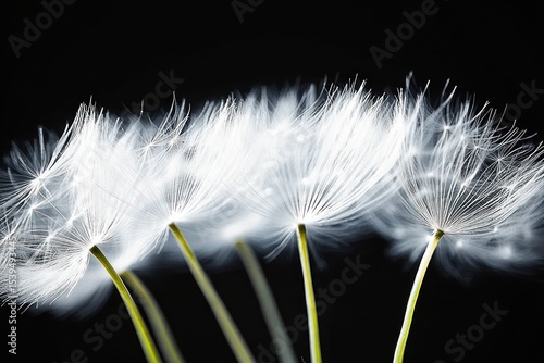 Close-up of delicate white dandelion seeds with thin green stems against a dark background, showcasing fine details and softness