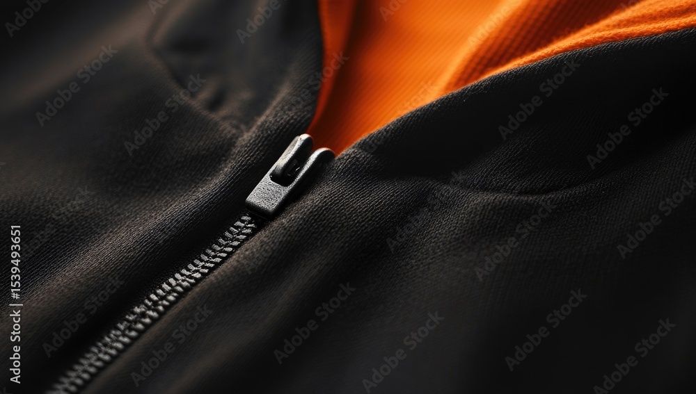 Close-up of a black hoodie with an orange zippered collar Close-up of a black hoodie with an orange zippered collar
