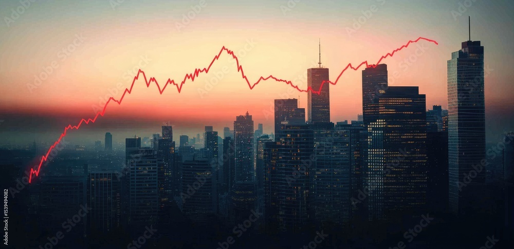 Fototapeta premium Red stock chart line over cityscape at dawn