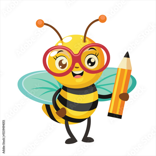 Cute Smart Bee Cartoon with Glasses Holding Pencil for Education and Learning Themes