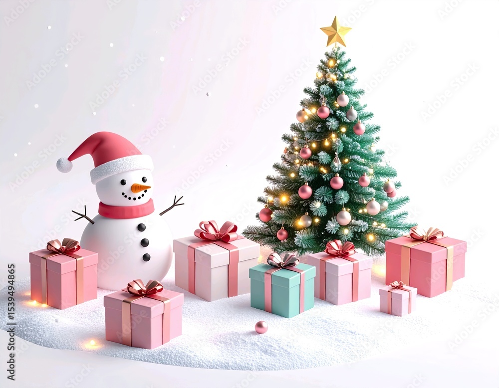 Isometric Pastel Christmas Scene with Tree, Gifts, Snowman, and Falling Snow on White Background Isometric Pastel Christmas Scene with Tree, Gifts, Snowman, and Falling Snow on White Background