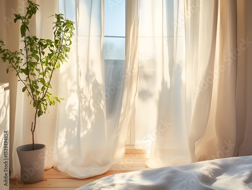 32. Home with soft morning light filtering through curtains