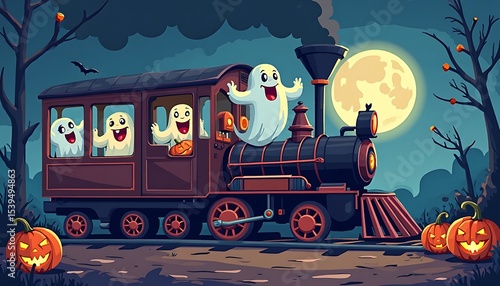 Cartoon Ghost Train with Spooky Pumpkins and Full Moon
