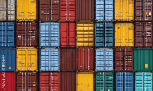 Stacked colorful shipping containers in various colors including red, yellow, blue, green, and brown aligned in a tightly organized grid pattern