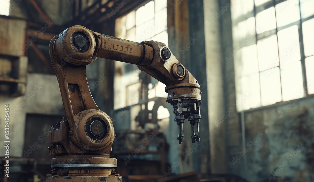 Fototapeta premium Industrial robot arm in a weathered factory