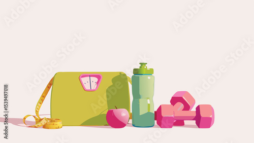 Still life of a scale, water bottle, dumbbells, apple, and measuring tape on a white background