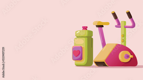 Illustration of a stationary exercise bike and a water bottle against a pink background scene