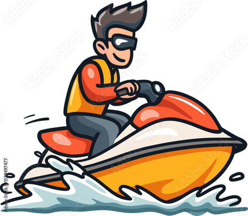 A man rides a jet ski across clear water isolated on transparent background. Vector illustration.
