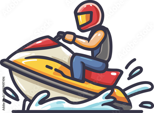 Man riding a jet ski on water during a sunny day at the beach isolated on transparent background. Vector illustration.