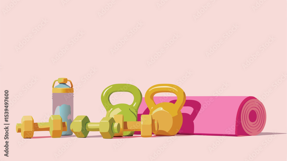 Obraz premium Aesthetic fitness equipment including dumbbells kettlebells water bottle and yoga mat on pink background