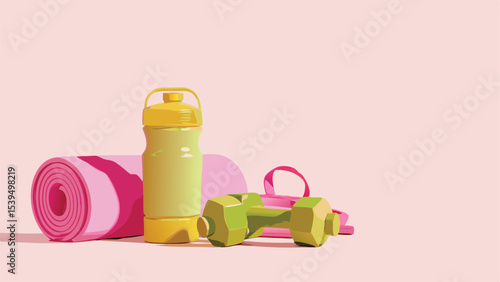A pink yoga mat with a water bottle and green dumbbell on a pink background in a studio setting