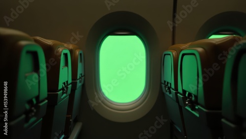 Wallpaper Mural Looking out from inside a commercial airplane cabin with a green screen visible through the window, dark aircraft interior, realistic lighting and shadows, chroma key placeholder outside Torontodigital.ca