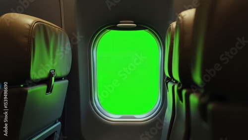 Looking out from inside a commercial airplane cabin with a green screen visible through the window, dark aircraft interior, realistic lighting and shadows, chroma key placeholder outside