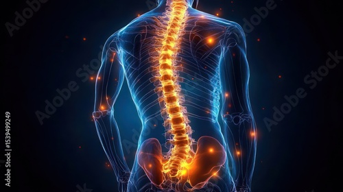 Visualization of human spine and skeletal structure with highlighted areas suggesting pain or inflammation