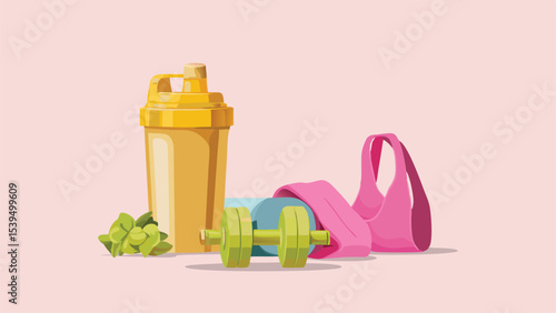 Still life of fitness equipment including a shaker bottle dumbbell and sports bra on a pink background