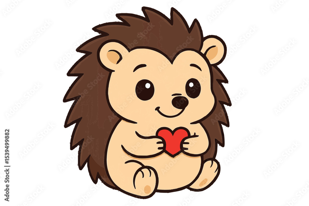 Obraz premium Cartoon hedgehog sitting and holding a red heart with both hands in a cute and lovely illustration