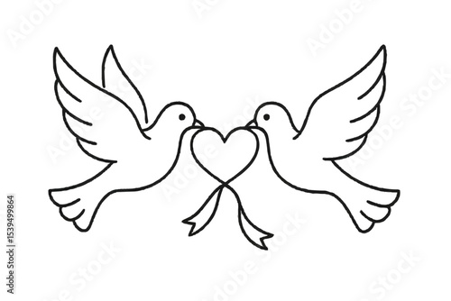 Two doves facing each other holding a heart with ribbons in their beaks in a line drawing style