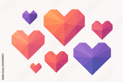 Geometric hearts in varying sizes and colors arranged on a white background in an abstract style
