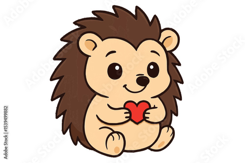 Cartoon hedgehog sitting and holding a red heart with both hands in a cute and lovely illustration
