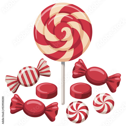 set of red sweetmeats hard candy and lollipop isolated vector illustration