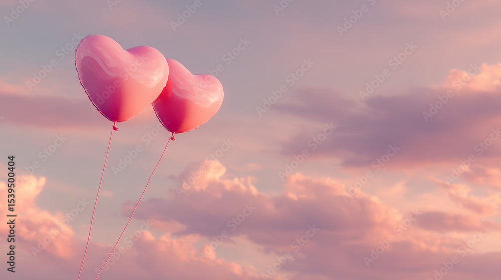 Two heart balloons in pastel sky, love in the air Two heart balloons in pastel sky, love in the air