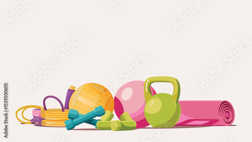 A collection of fitness equipment including balls weights and a yoga mat is displayed here nicely
