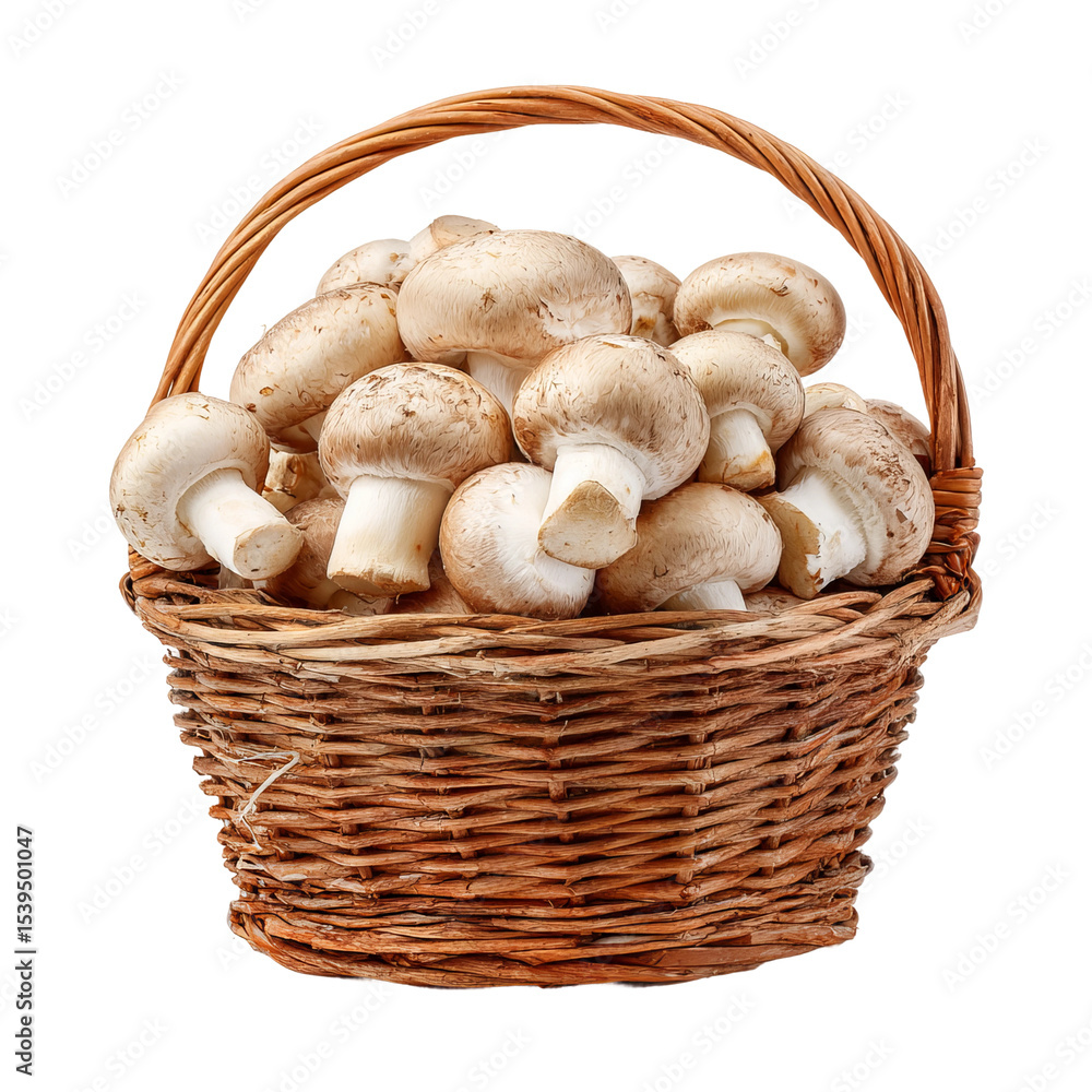A basket full of fresh, brown mushrooms. The mushrooms are plump and have a creamy brown color, nestled in a rustic woven basket. A basket full of fresh, brown mushrooms. The mushrooms are plump and have a creamy brown color, nestled in a rustic woven basket.