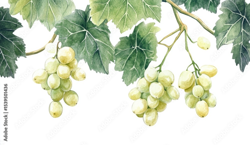 Obraz premium Watercolor illustration of clusters of pale green grapes hanging from vines with leaves