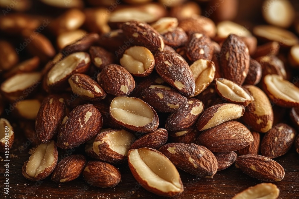 Obraz premium Close-up of a pile of whole and halved brown almonds on a dark surface showcasing their textured shells and creamy interior