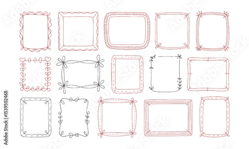 Vector illustration featuring a collection of whimsical, hand-drawn rectangular frames, Include a diverse range of frame designs, such as ribbon-tied borders, easily editable and scalable.