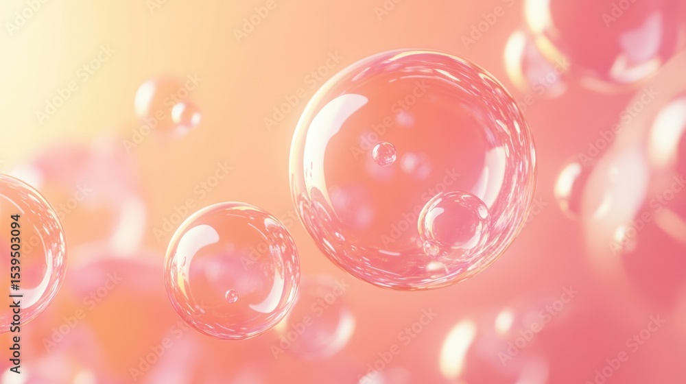 Abstract image of pink bubbles floating on a soft, peach background. Abstract image of pink bubbles floating on a soft, peach background.
